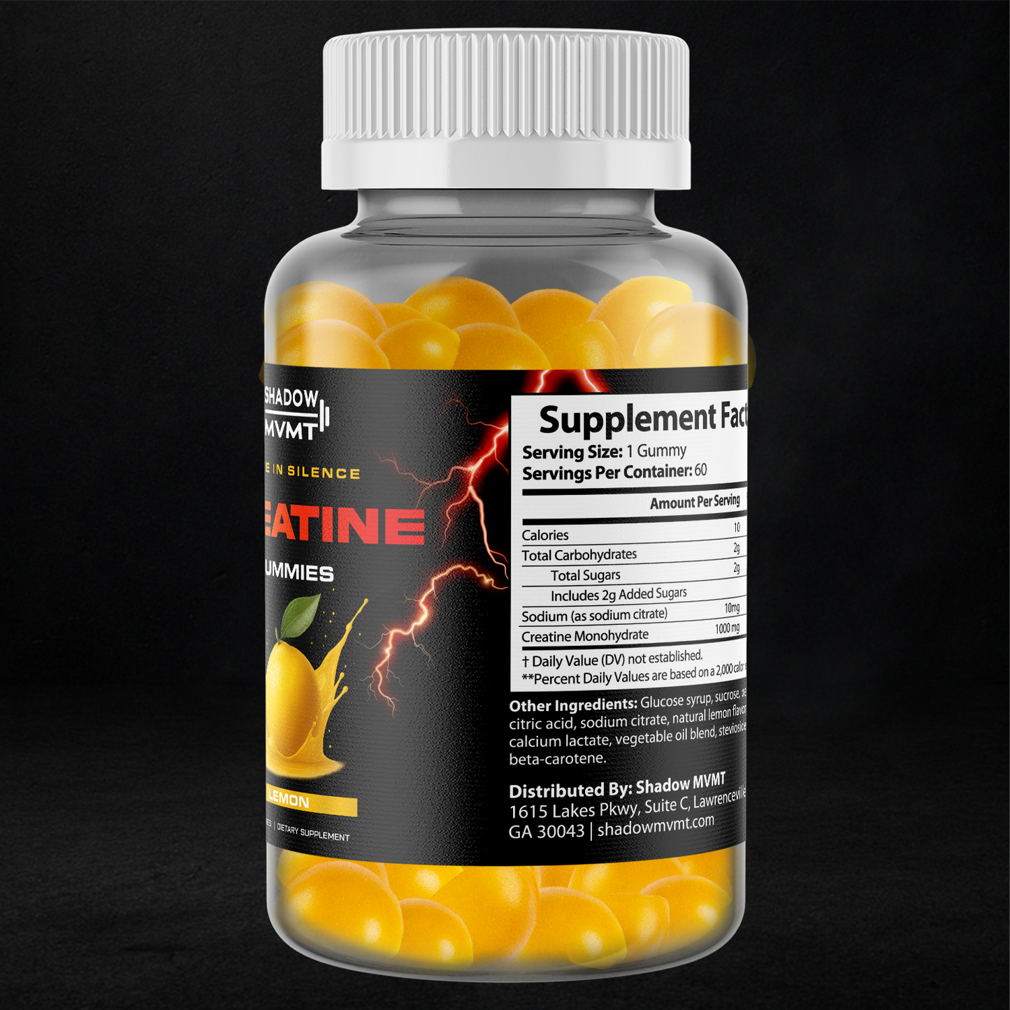 Supplement facts panel on creatine gummies bottle