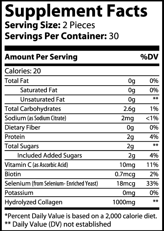 Detailed supplement facts nutrition label collagen gummies