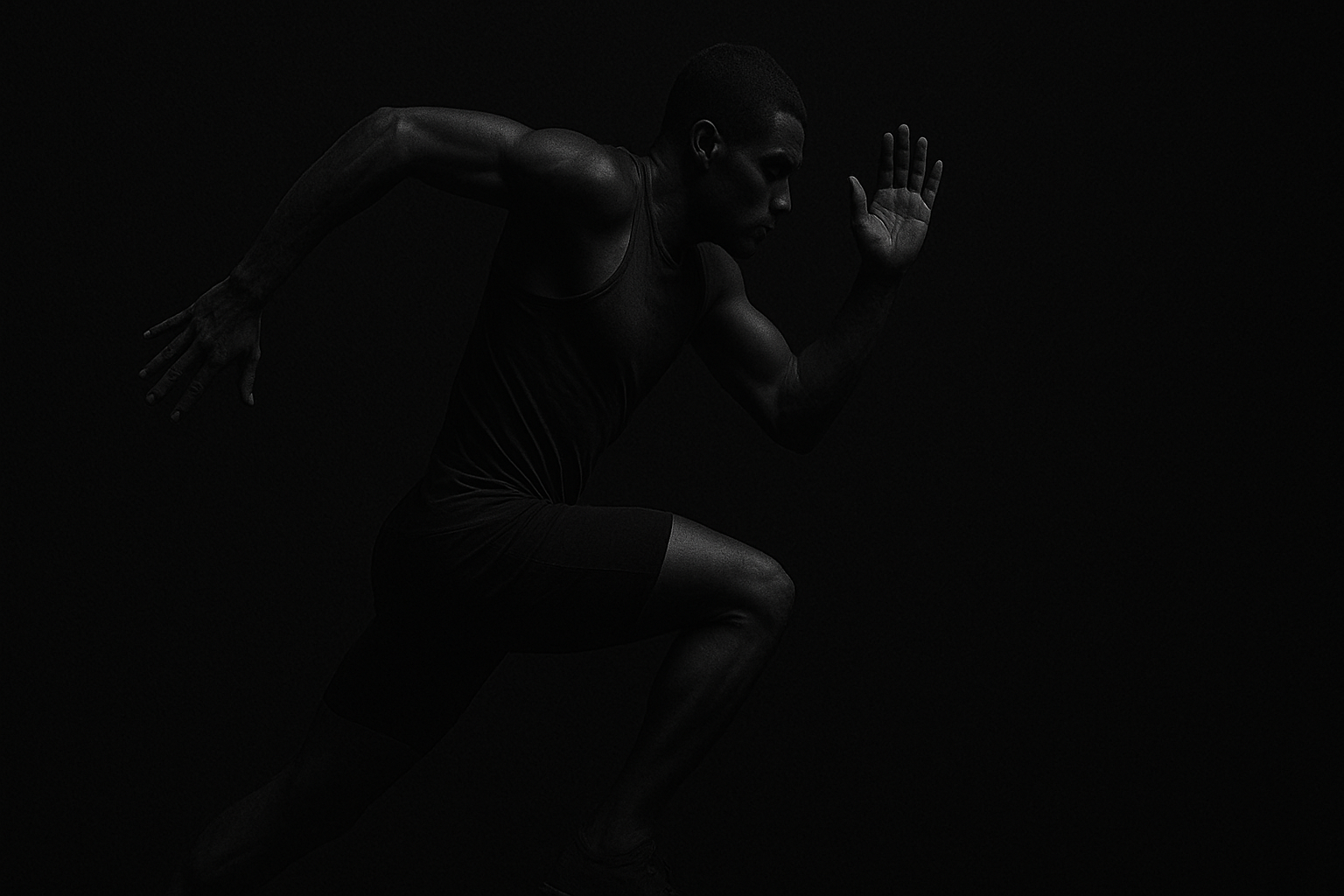 A muscular man is captured mid-sprint in a dark, dramatic setting. The lighting emphasizes his defined muscles and athletic form, with shadows sculpting his physique against a completely black background. He wears a tight athletic tank and shorts, with one knee raised and arms pumping in a powerful running pose.
